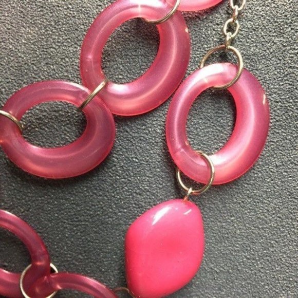 Long Double Strand Necklace Pink Abstract Bead Ring Silver Chain Retro Organic - Picture 3 of 6